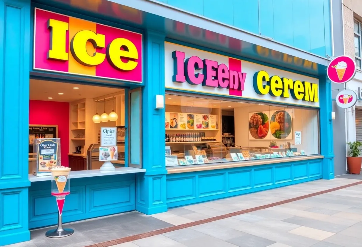 Exterior of Wanderlust Creamery in Costa Mesa with colorful ice cream signs