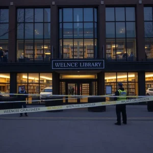 Scene outside Westminster Public Library during homicide investigation