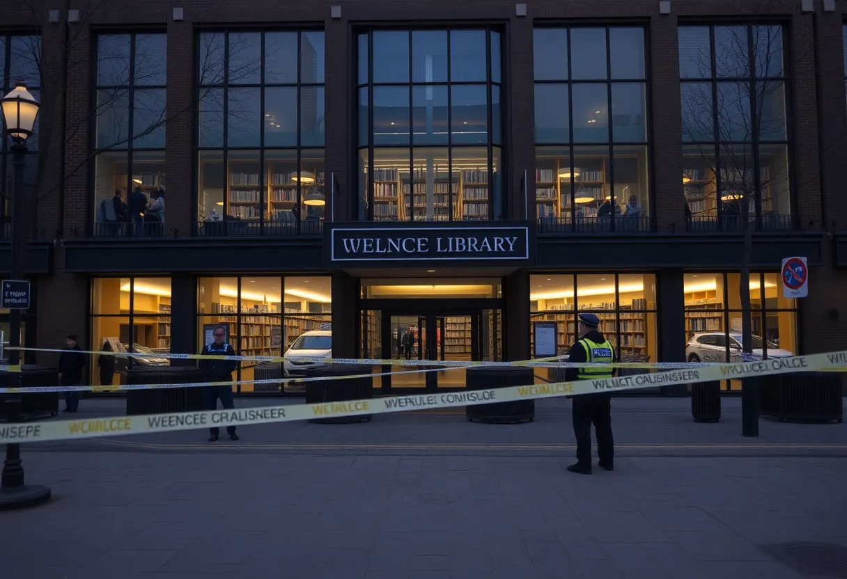 Scene outside Westminster Public Library during homicide investigation