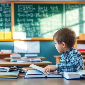 Young student studying mathematics in a classroom.