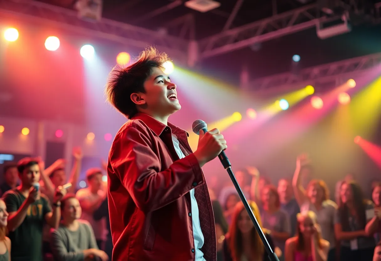 Teen singer-songwriter performing live on stage