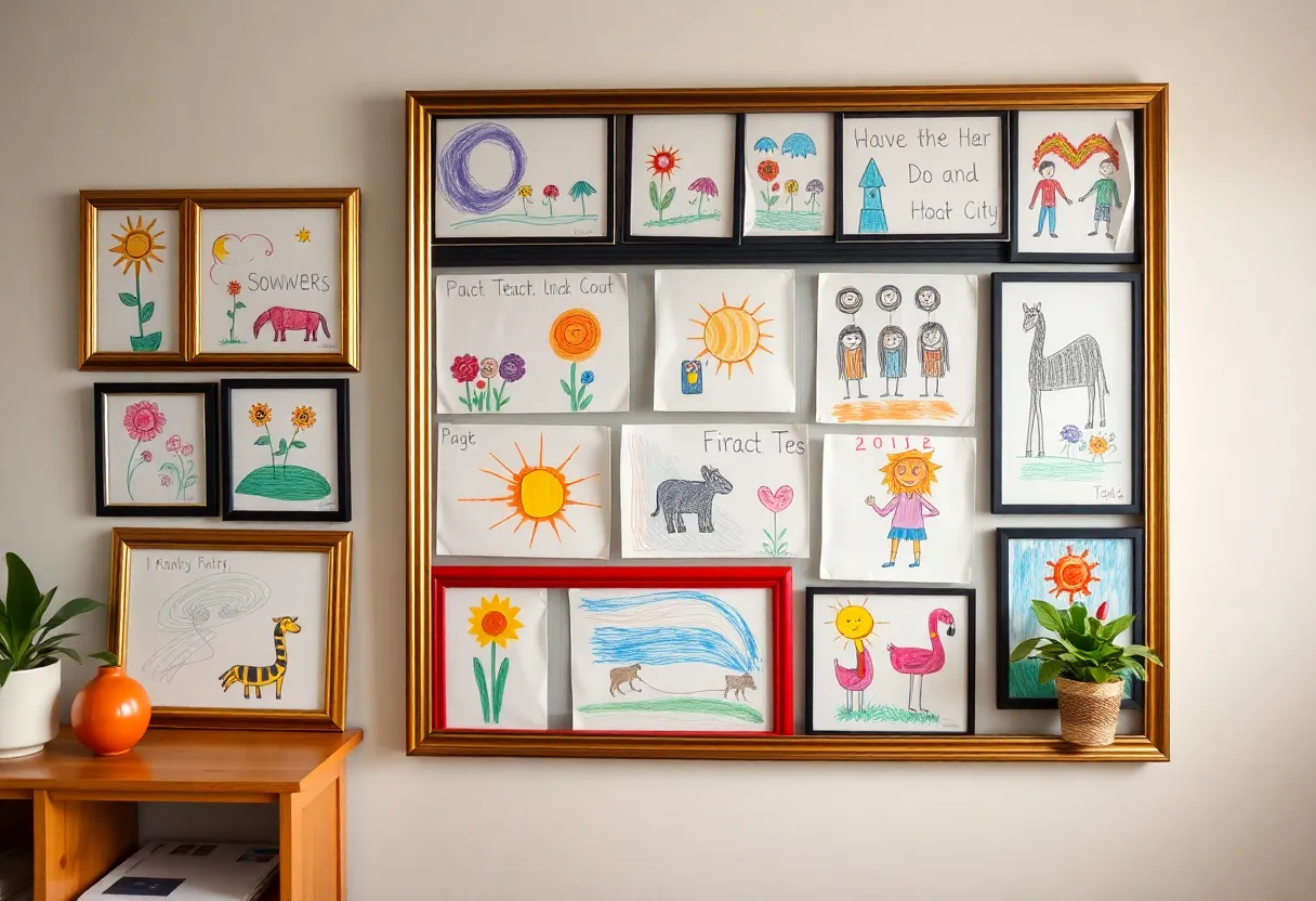 Framed collage of children's drawings displayed in a home