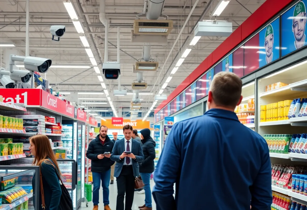 Scene of a retail store with employees monitoring cash register activity.