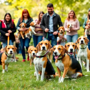 Families interacting with Beagles at an adoption event