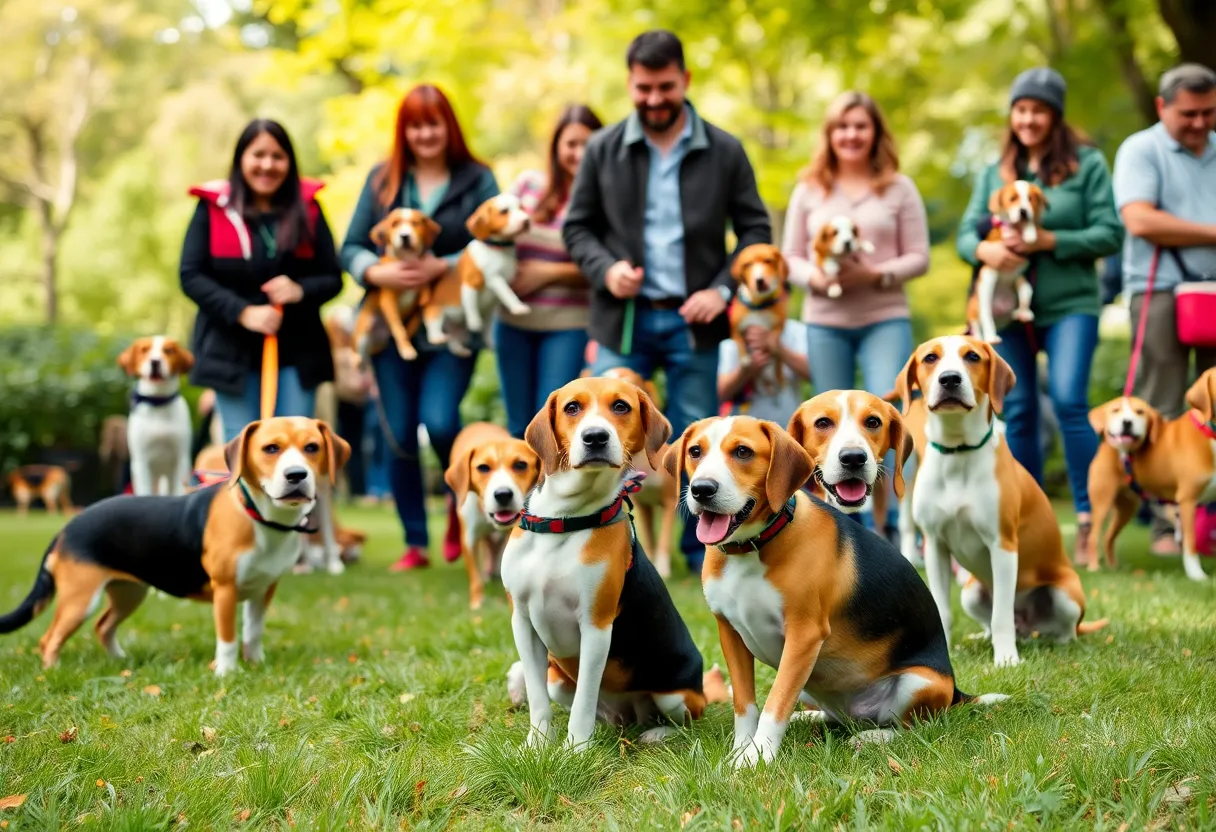 Families interacting with Beagles at an adoption event
