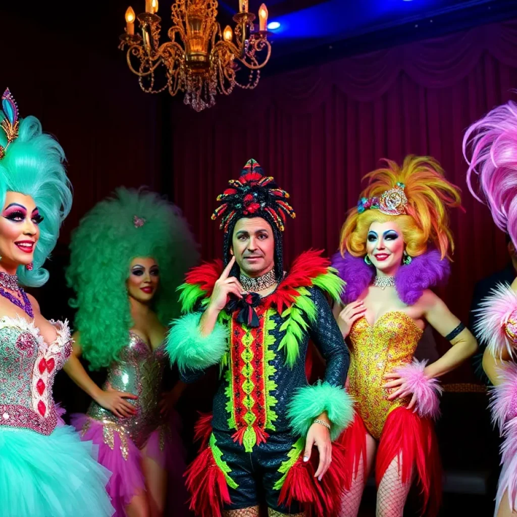 A colorful drag show performance with extravagant costumes and a theatrical setting.