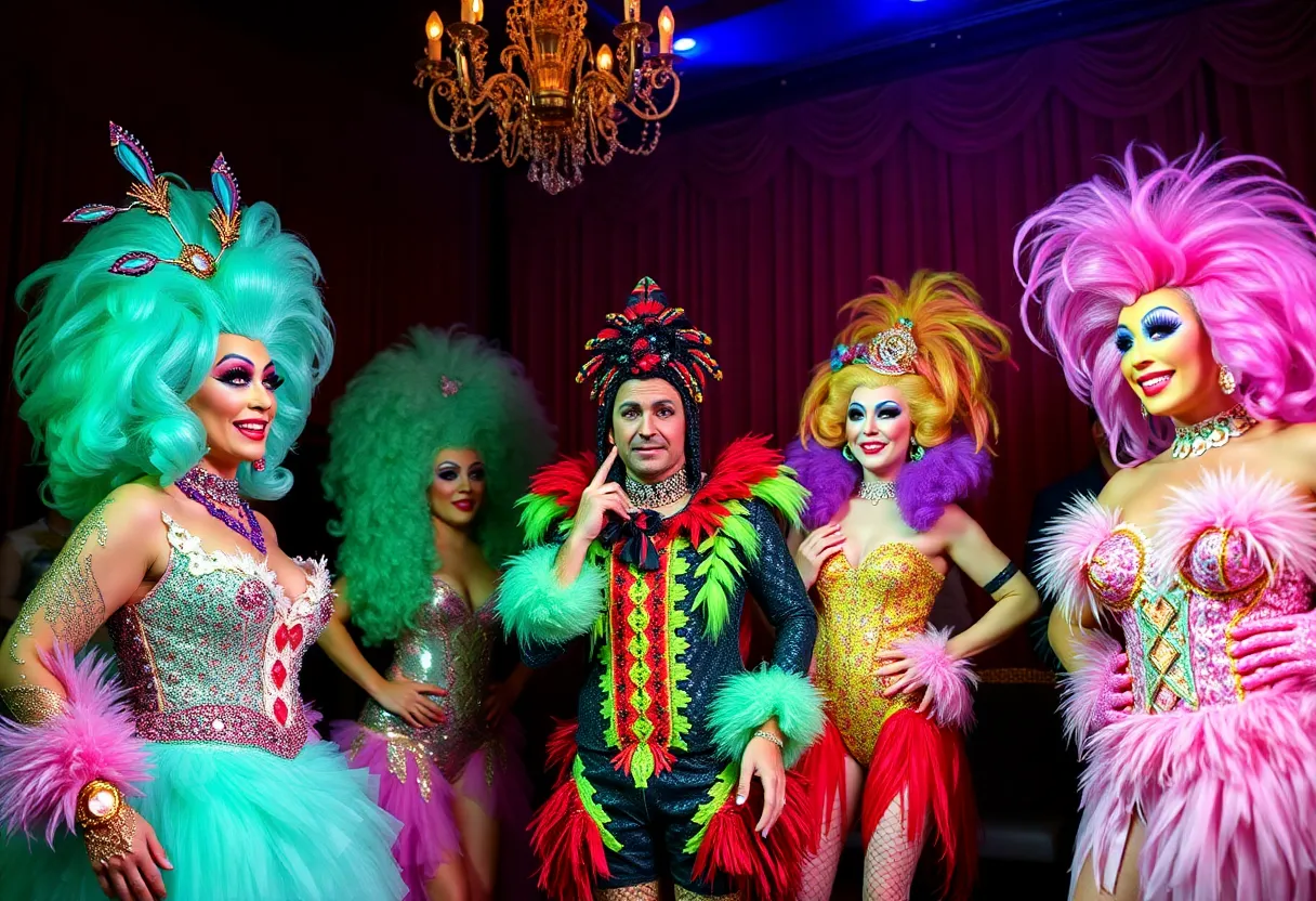 A colorful drag show performance with extravagant costumes and a theatrical setting.