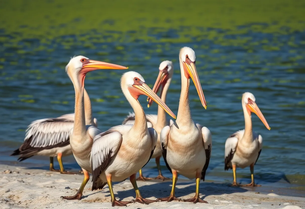 Brown pelicans suffering from domoic acid poisoning on a Huntington Beach shoreline