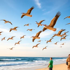 Flock of brown pelicans flying over Huntington Beach during their release.