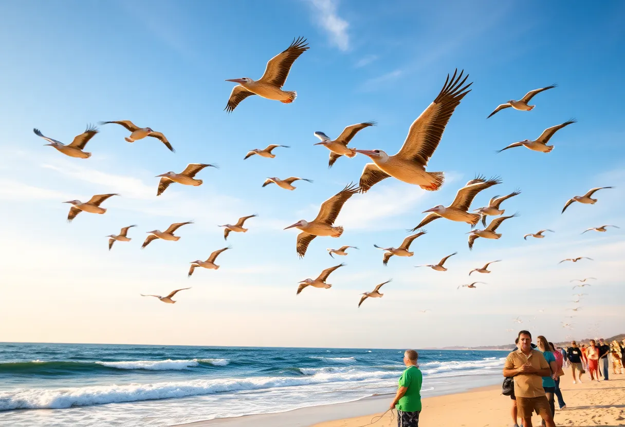 Flock of brown pelicans flying over Huntington Beach during their release.