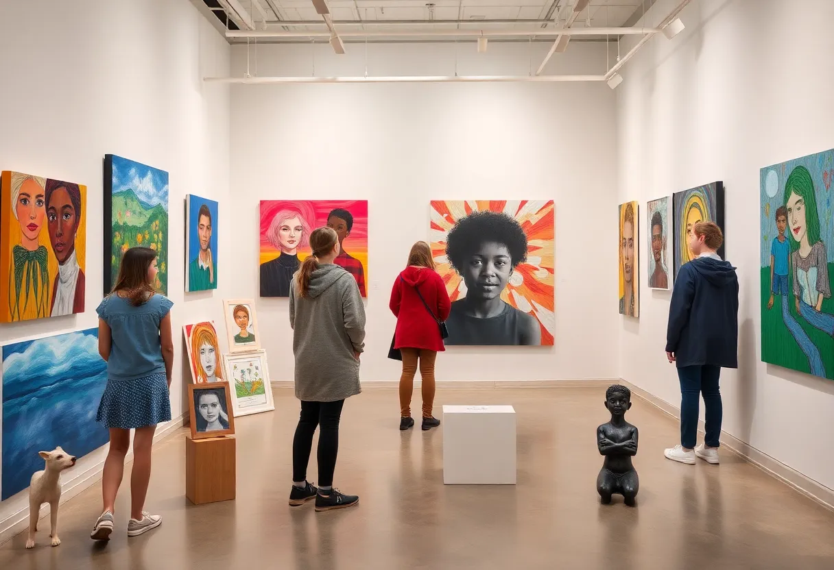 Artworks displayed at the California Biennial 2025 showcasing themes of youth culture