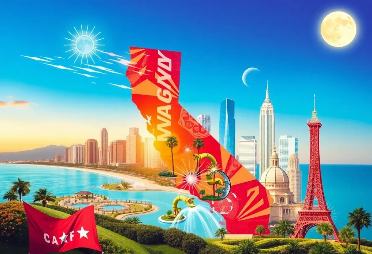 A collage showcasing California's evolving business environment with skyscrapers and a water park.