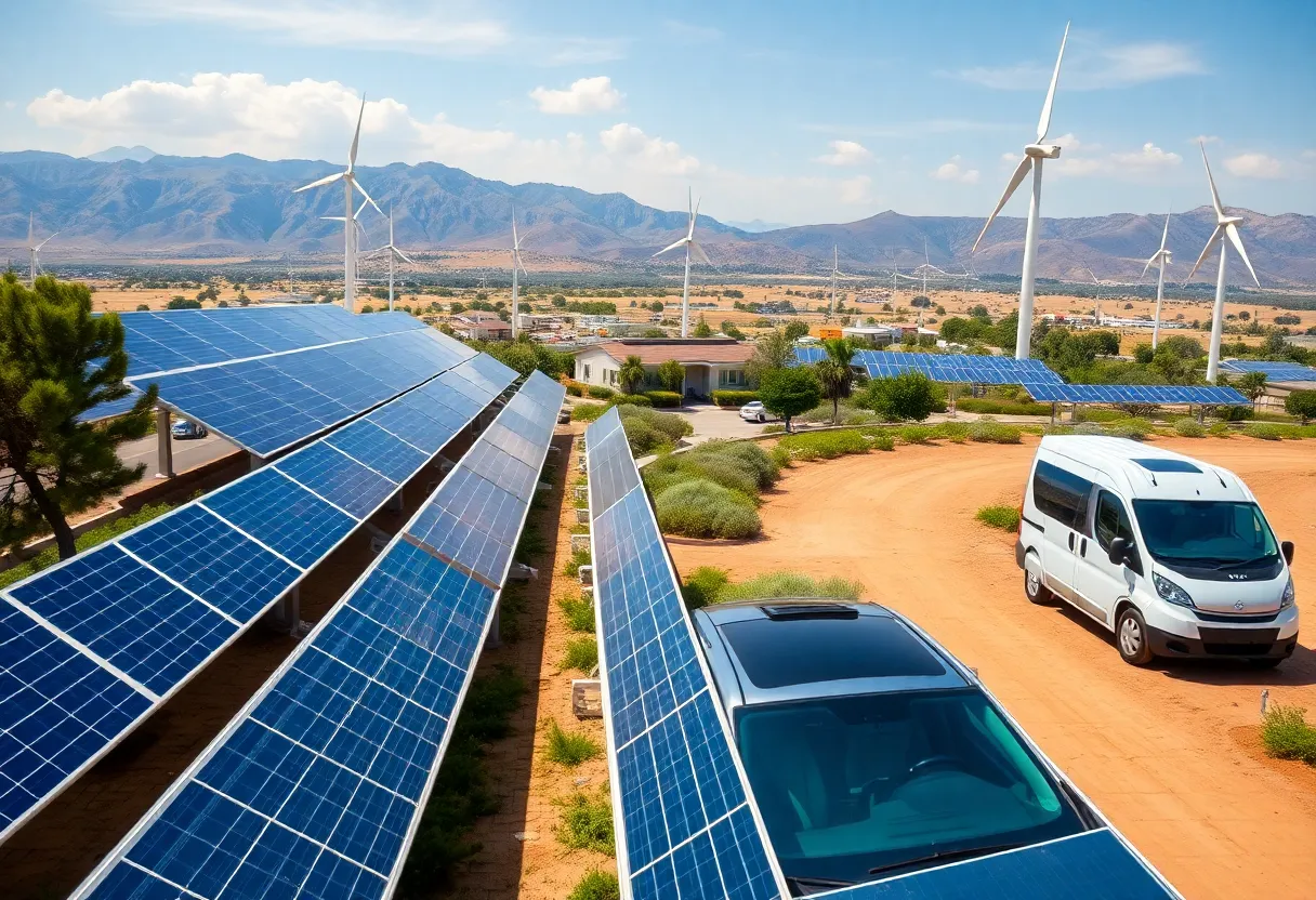 Renewable energy sources in California, including solar panels and wind turbines.