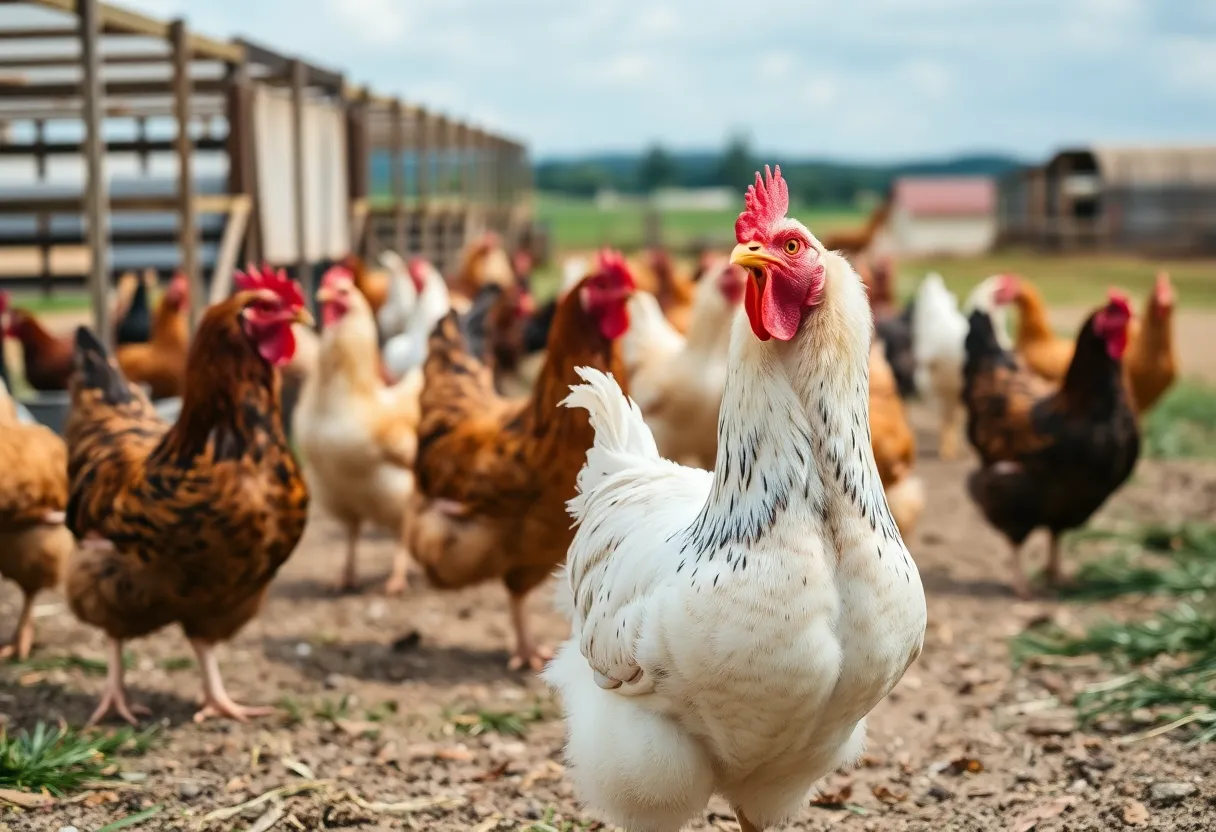 Chickens in a spacious farm environment promoting animal welfare
