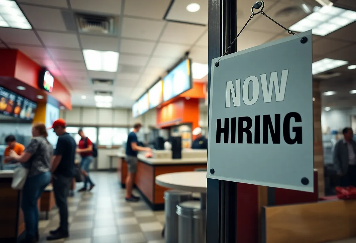 Fast-food restaurant interior showcasing employees and a hiring sign