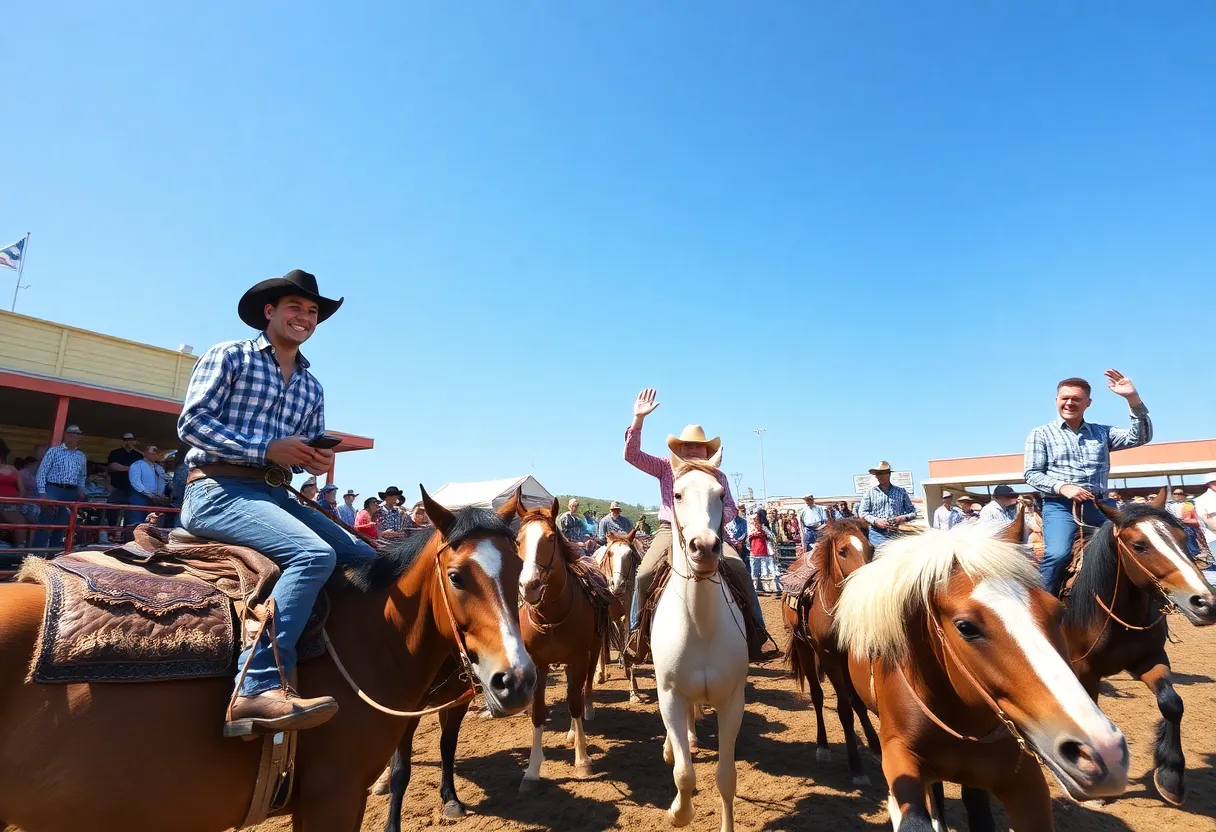 Crowd enjoying the California Rodeo Salinas with cowboys and horses in action.