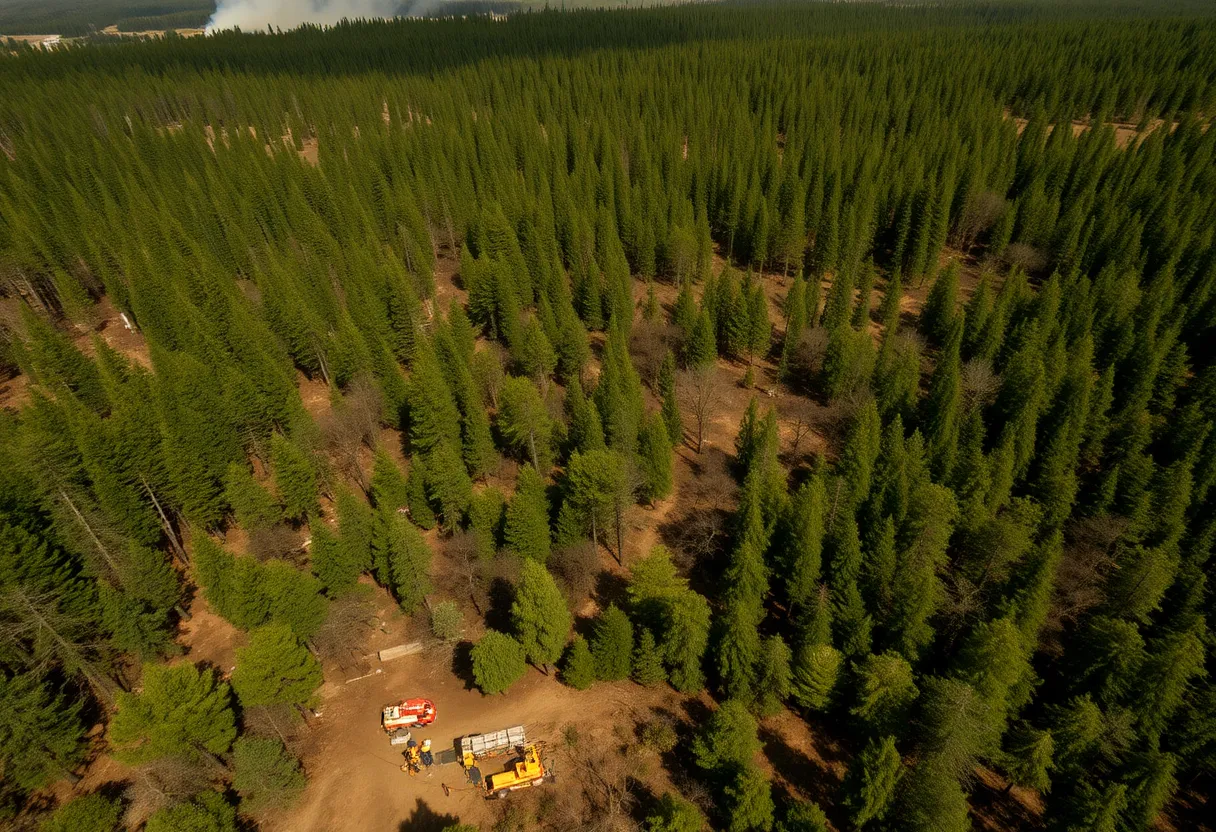 Firefighters responding to a wildfire in California forest.