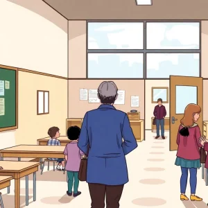 Parents discussing at the entrance of a childcare center