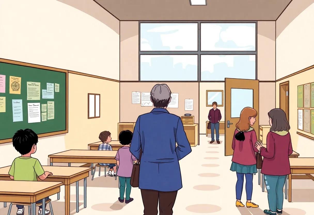 Parents discussing at the entrance of a childcare center