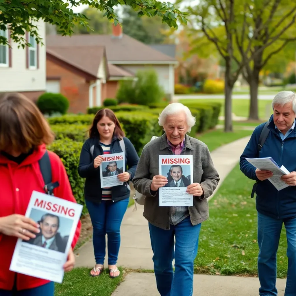 Community members searching for a missing elderly person in a suburban area.