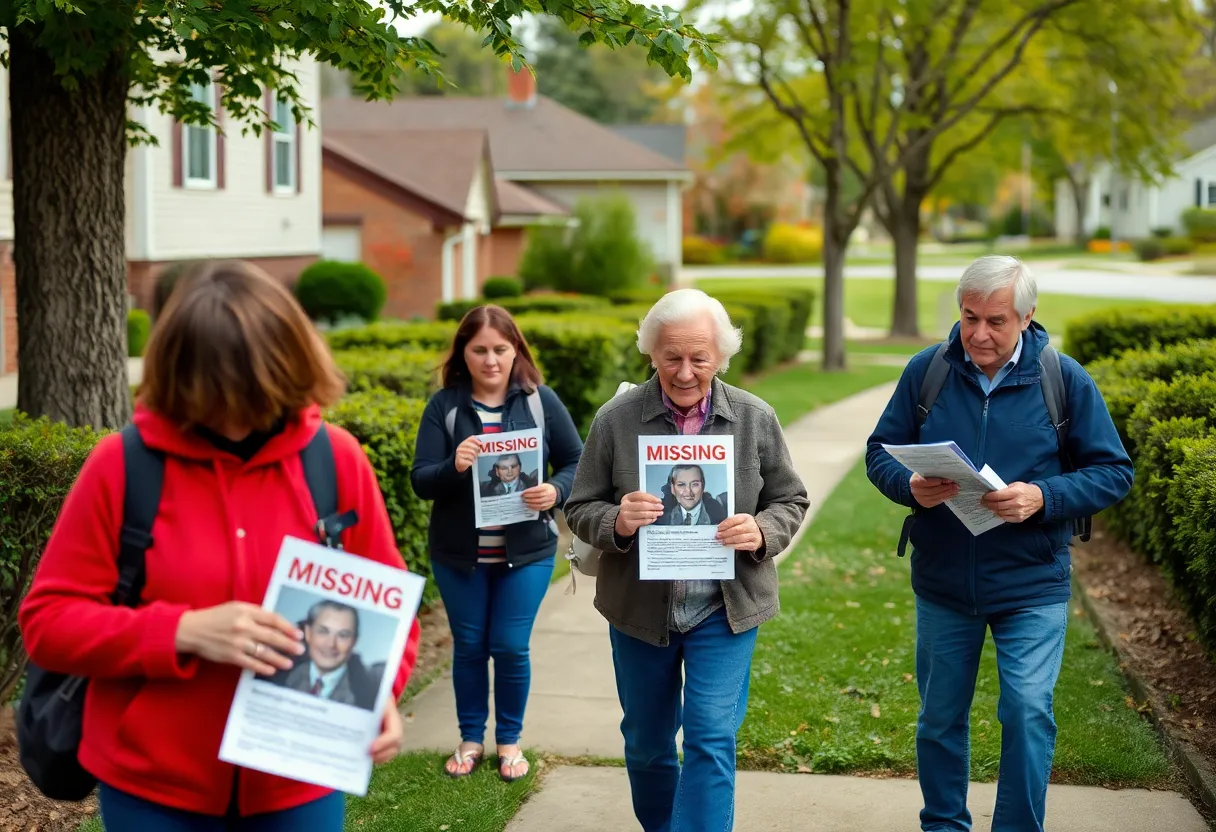 Community members searching for a missing elderly person in a suburban area.
