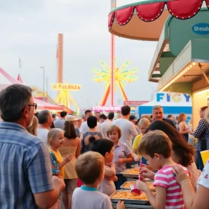 Family enjoying a fish fry festival with carnival rides
