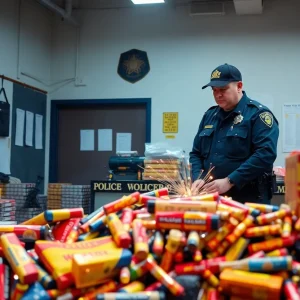 Costa Mesa police with confiscated illegal fireworks