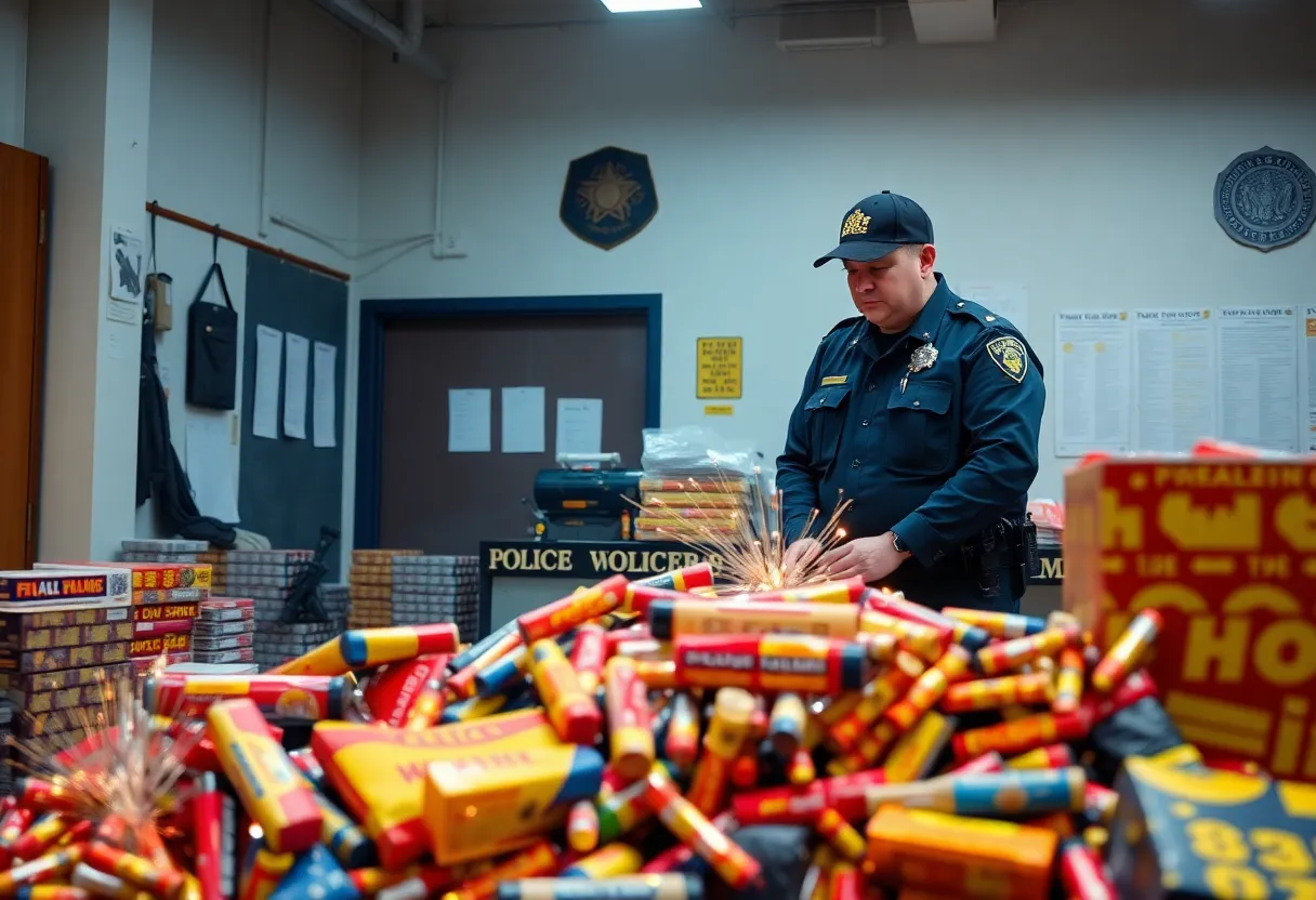 Costa Mesa police with confiscated illegal fireworks