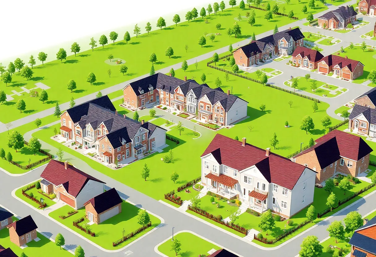Illustration of a new housing development in Costa Mesa featuring townhouses and open spaces.