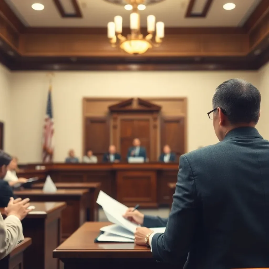 Scene of a courtroom with legal documents and a gavel representing a dispute over voter registration.