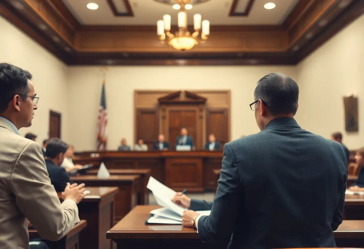 Scene of a courtroom with legal documents and a gavel representing a dispute over voter registration.