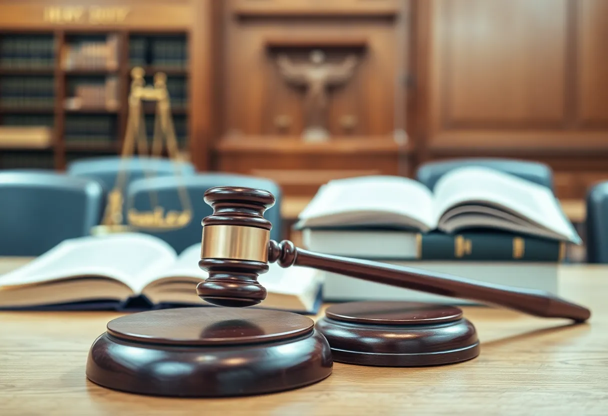 Courtroom scene representing legal action against fraud.