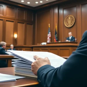 Courtroom scene representing a civil lawsuit for fraud