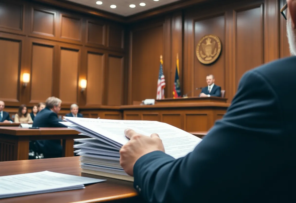 Courtroom scene representing a civil lawsuit for fraud