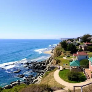 Scenic shoreline of Crystal Cove State Park with vintage cottages