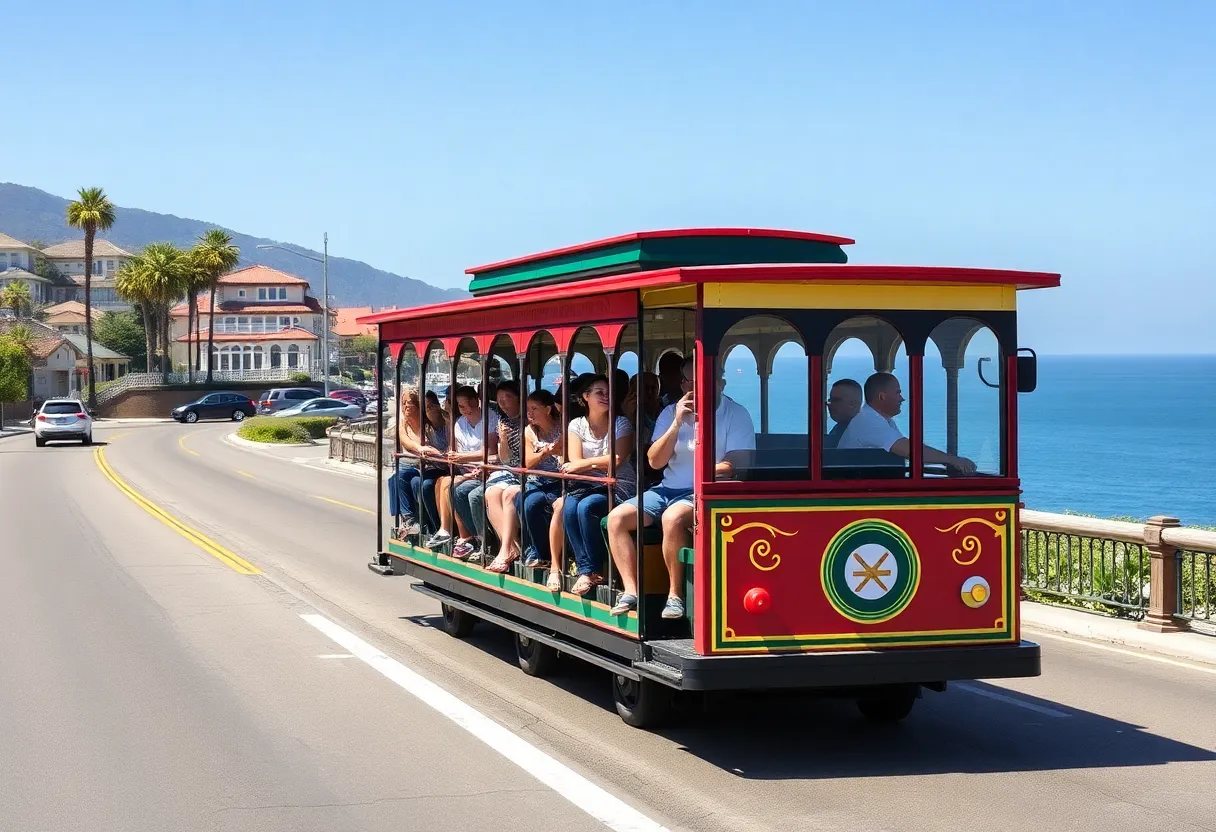 Colorful trolley in Dana Point driving along the coast