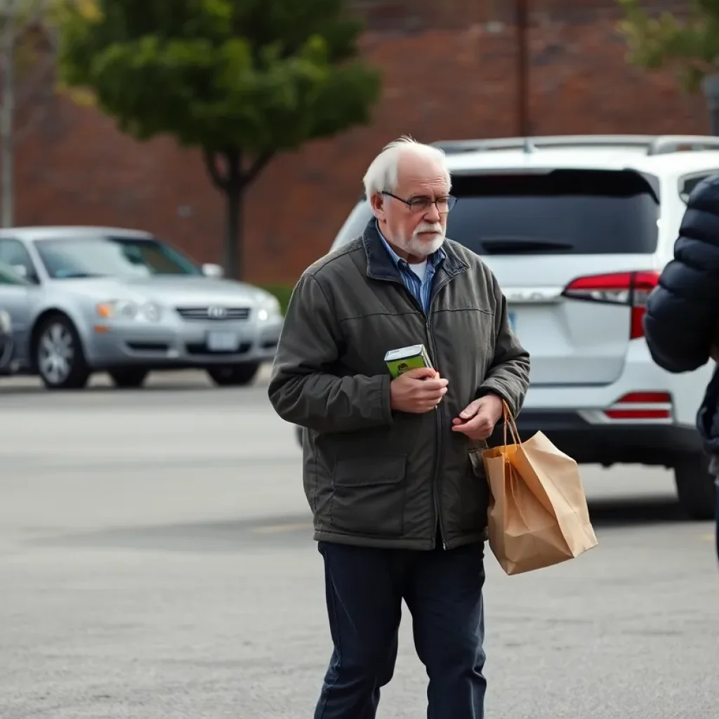 Scene depicting a parking lot with an elderly man and a suspicious person, illustrating a distraction theft.