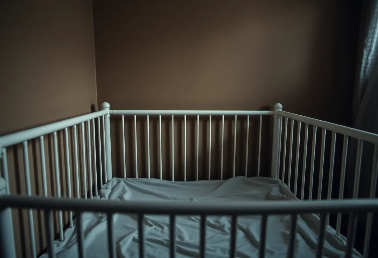 An empty crib in a dimly lit room representing neglect