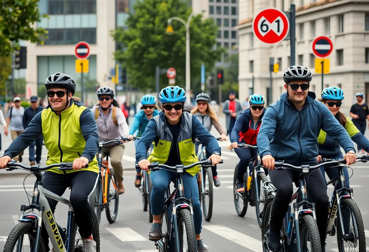 Cyclists on electric bikes wearing helmets on a city street