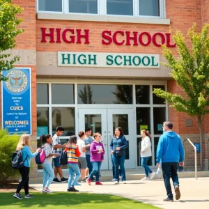 Exterior view of Edison High School with students and teachers
