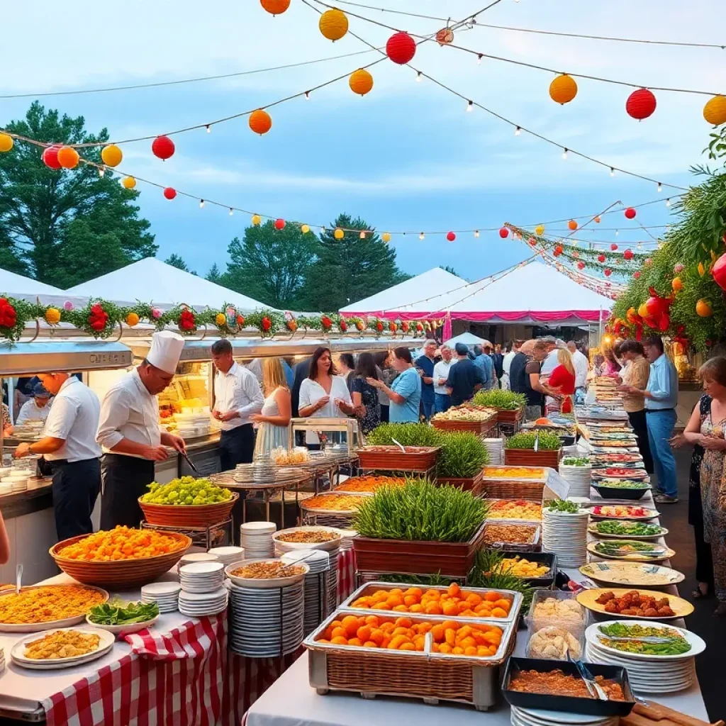 Culinary festival scene with chefs and food stations