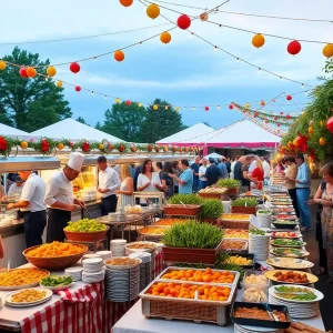 Culinary festival scene with chefs and food stations