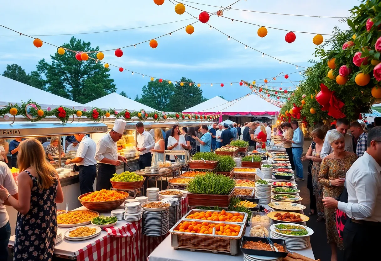 Culinary festival scene with chefs and food stations