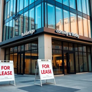 Exterior view of the Ford Irvine Design Studio building with 'For Lease' sign