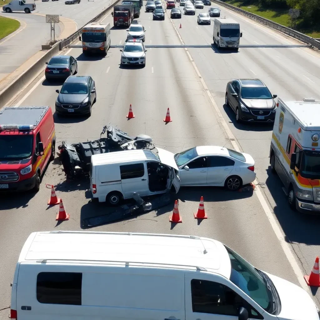 Aerial view of Fountain Valley freeway accident site with emergency responders