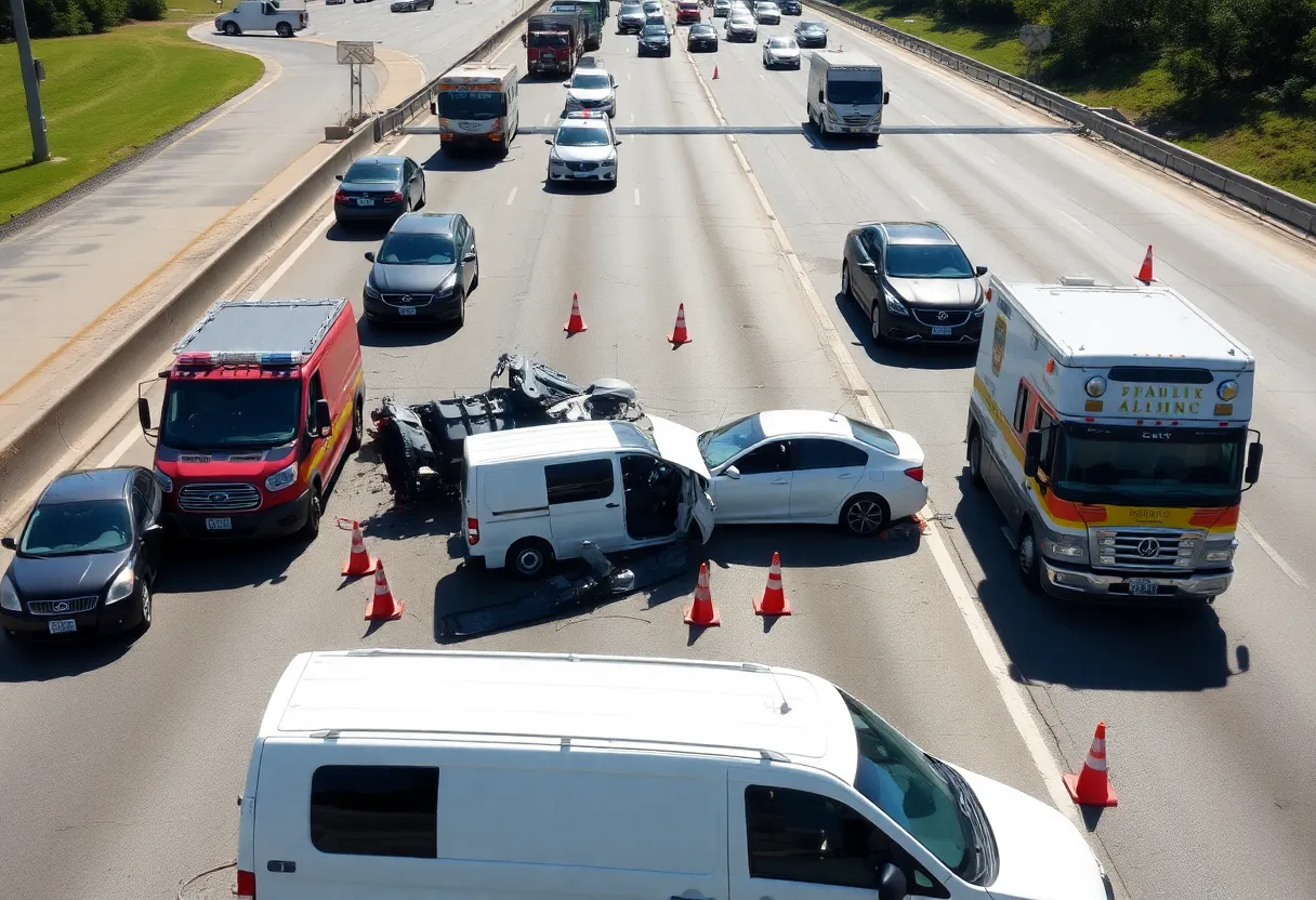 Aerial view of Fountain Valley freeway accident site with emergency responders