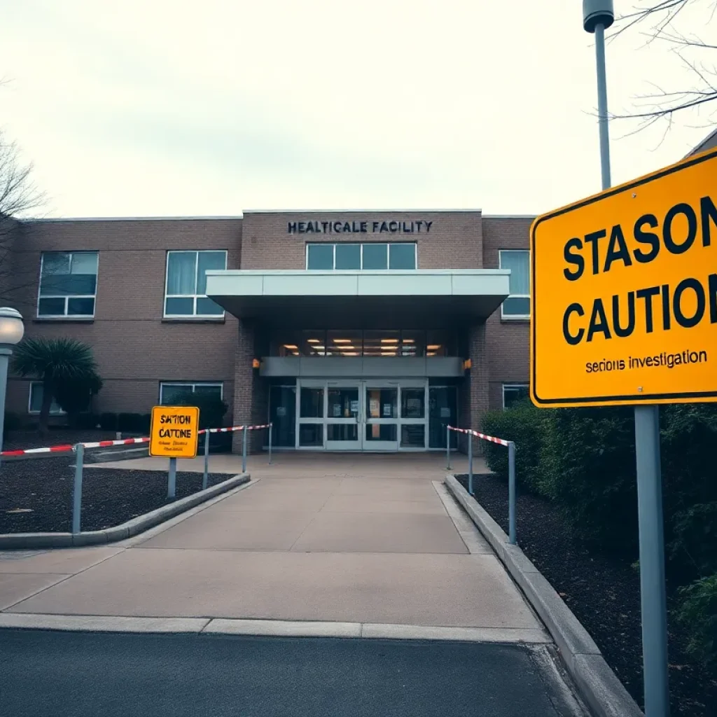 Exterior of a healthcare facility with caution signs