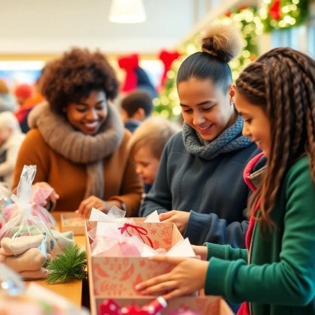 Families shopping at a holiday boutique to support children in need.