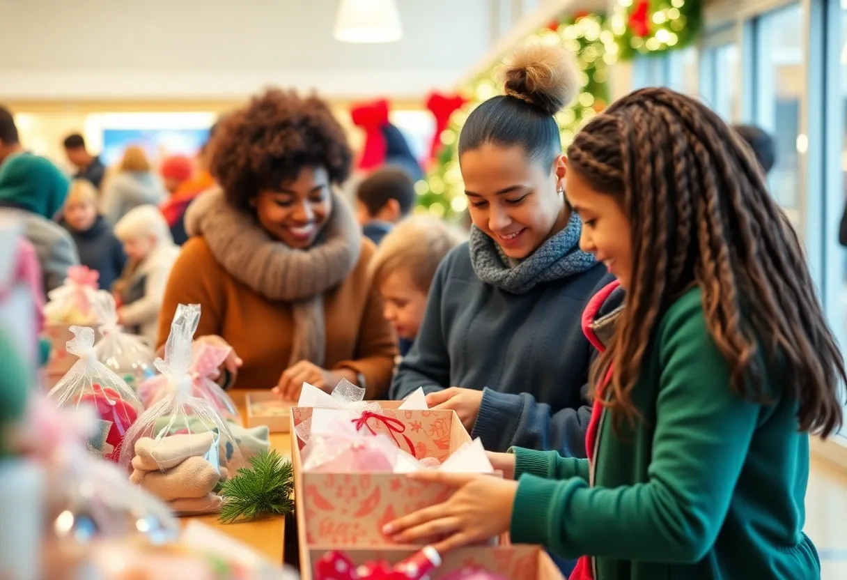 Families shopping at a holiday boutique to support children in need.