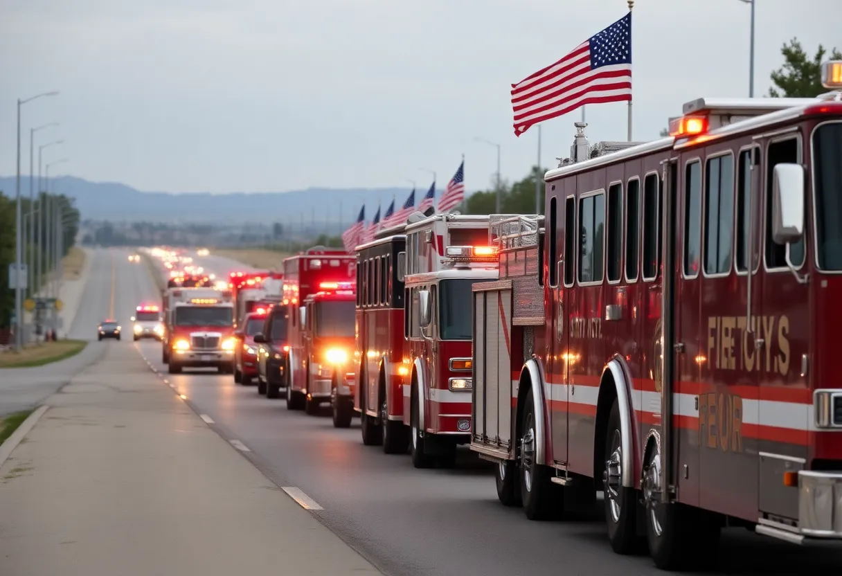 Procession in honor of the fallen fire chief with fire apparatus and half-staff flags.